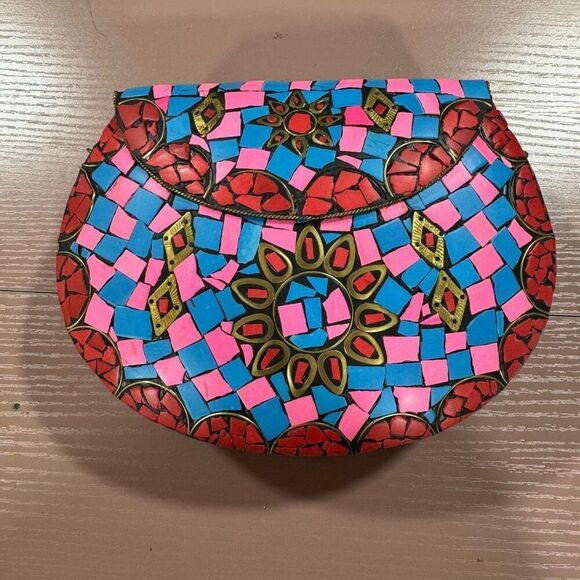 NEW Ramla Mosaic Handmade Bag Pink & Blue with Detachable Chain Strap - Picture 1 of 3